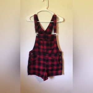 Red plaid overall shorts